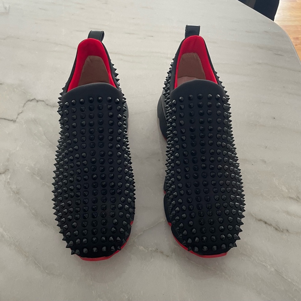 Faux Christian Louboutin Black and Red Studded Sneakers